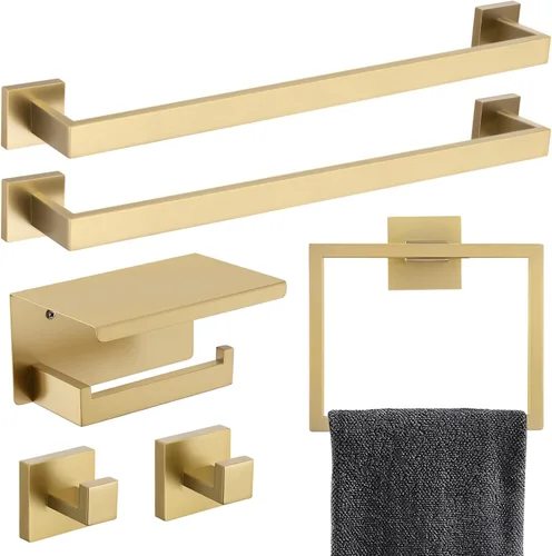 Miniatura 13 de Juego de accesorios de baño de 5 piezas 60 cm Barra de toalla dorada Juego de barra de toalla Anillo de toalla Gancho para abrigos y soporte
