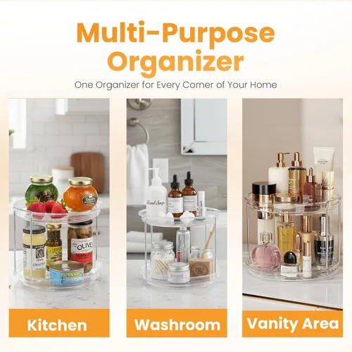 Miniatura 5 de Oizeir Organizador Lazy Susan de 2 niveles para gabinete, estante giratorio de especias de acrílico transparente para cocina, despensa, encimera