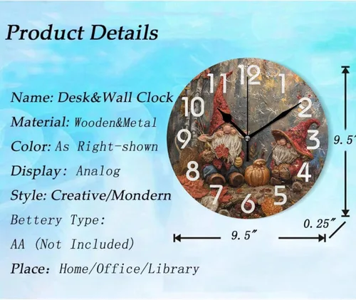 Miniatura 3 de Reloj de pared redondo retro de otoño con dos gnomos y calabaza de 10 pulgadas, funciona con pilas, reloj de escritorio analógico silencioso sin