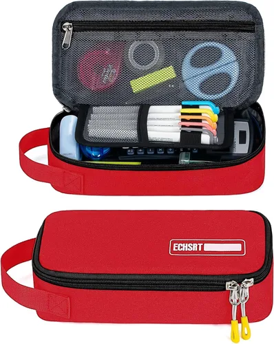 Miniatura 8 de Estuche grande para lápices, estuche duradero para bolígrafos con gran capacidad, bolsa de papelería portátil minimalista con asa para escuela, Gris