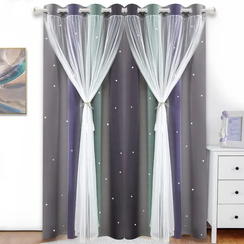 Miniatura 11 de Cortinas Opacas con Corte de Estrella Arcoíris para Dormitorio de Niñas - Doble Capa con Ojales Superiores para Sala de Estar, 2 Paneles