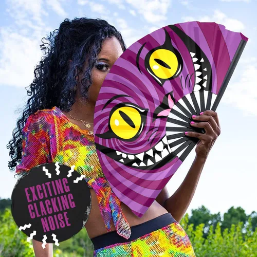 Miniatura 5 de GloFX Abanico de mano grande - Abanico de gato Cheshire de Alicia en el País de las Maravillas - Abanicos plegables de bambú para accesorios de rave