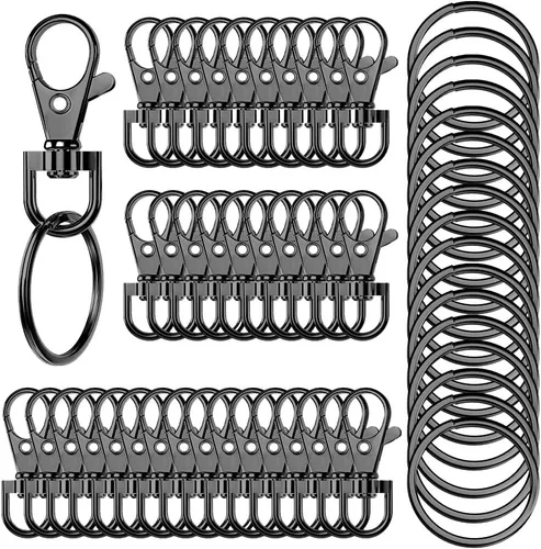 100 llaveros giratorios de alta calidad con llaveros, clip de llavero de metal y llavero, 50 ganchos para llaveros y 50 llaveros para cordón, Negro