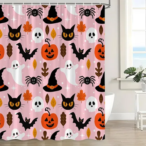 Miniatura 13 de Cortina de ducha azul de Halloween, linda cortina de baño de fantasma, terror, calabaza, espeluznante, gato negro, calavera aterradora, murciélago