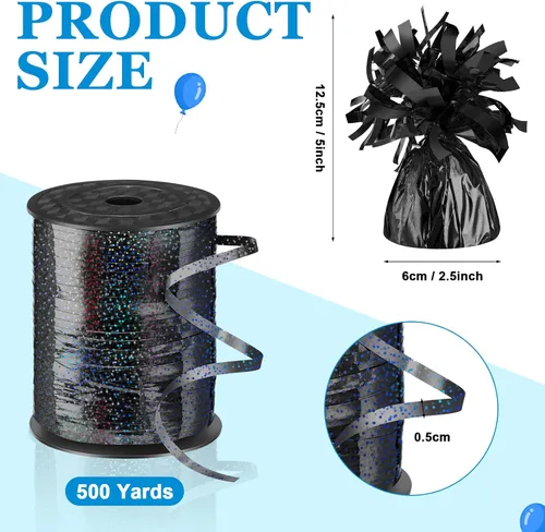 Miniatura 2 de Yunsailing 25 globos metálicos pesados con cinta iridiscente de 500 yardas, anclajes de soporte de globos de 5.3 onzas para globos de helio, Negro