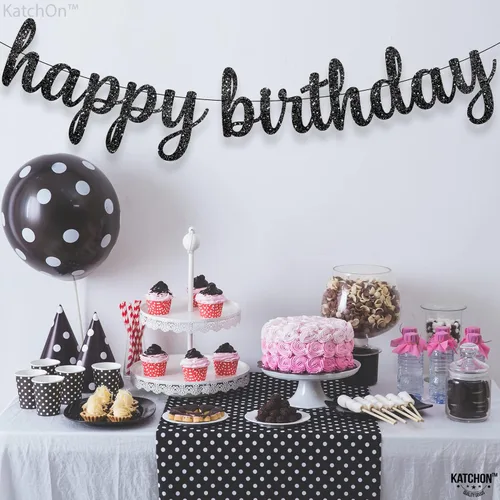 Miniatura 9 de KatchOn, Cartel de feliz cumpleaños negro cursivo con purpurina – pre-encordado, 10 pies Cartel de feliz cumpleaños Decoraciones de cumpleaños
