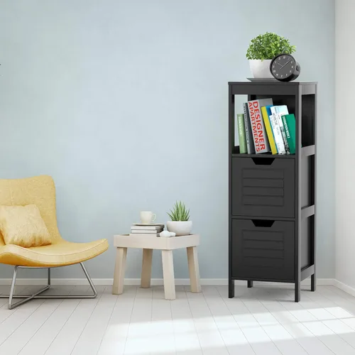 Miniatura 5 de Tangkula Armario de suelo de baño, torre de almacenamiento de madera estrecha con 2 cajones conmutables, almacenamiento lateral multifuncional