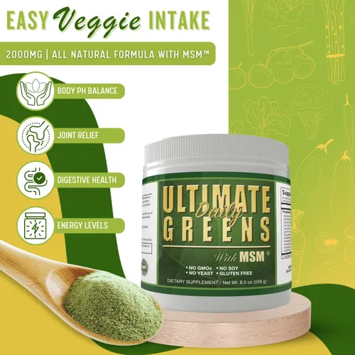 Miniatura 3 de Daily Health, Ultimate Greens con MSM en polvo, ingredientes naturales veganos sin gluten, soja, sin OMG, superalimento, bebida nutricional vegetal