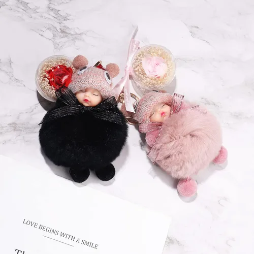 Miniatura 6 de Keychain Charm with A Cute Doll and Preserved Flower Ball for Girls and Womens Key Car Key Holder Purse Handbag