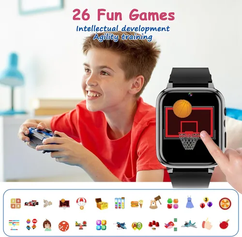 Miniatura 5 de Reloj inteligente de 1.69 pulgadas para niños de 4 a 12 años, 26 juegos de rompecabezas, cámara HD, reproductor de música de video, podómetro