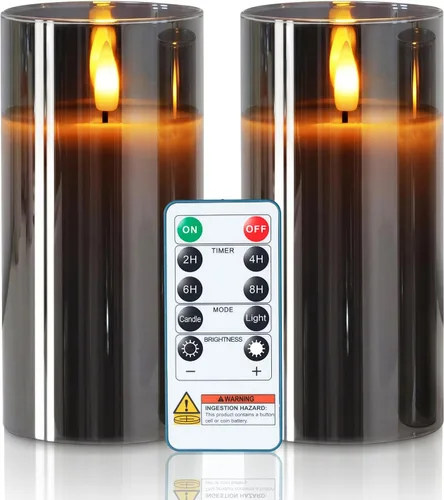 Homemory Grey Glass Flameless Candles Battery Operated LED Pillar Candles with Remote and Timer, Real Wax Flickering Candles with 3D Wick for Home