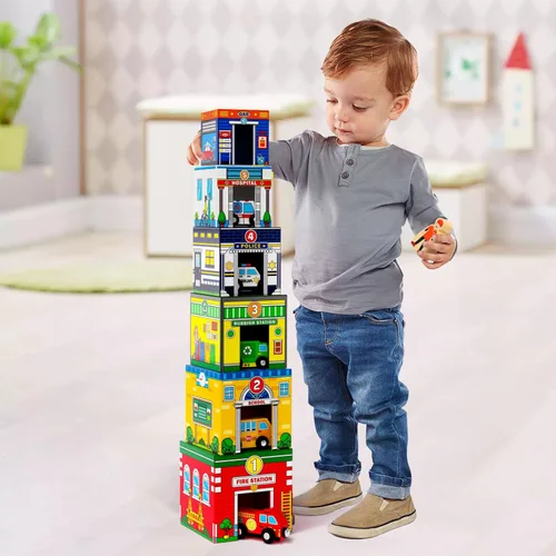 Miniatura 2 de Atoylink - Juguetes de clasificación y apilamiento para niños pequeños con autos magnéticos de madera y ayudantes comunitarios, bloques de números