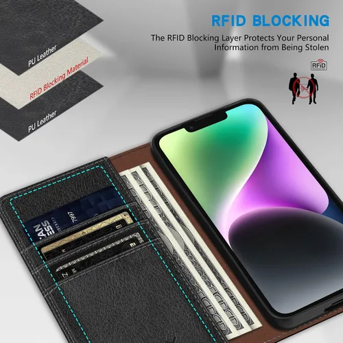 Miniatura 2 de ZZXX Funda tipo cartera para iPhone 14 con bloqueo RFID, soporte de ranura para tarjetas, funda protectora de cuero magnético fuerte plegable