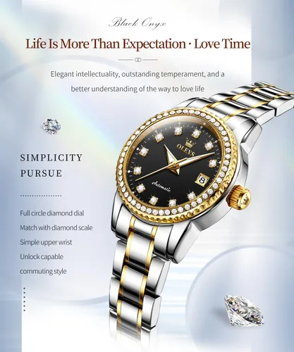 Miniatura 2 de OLEVS Reloj de pulsera de acero inoxidable original de acero inoxidable para mujer, mecánico automático, de lujo, color dorado