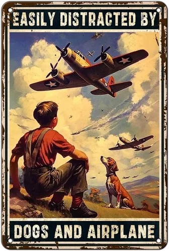 Cartel de avión, póster de metal vintage para habitación de niño, fácil de distraer con perros y aviones, entusiastas militares, arte de pared,