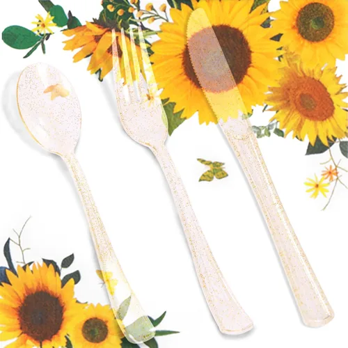 Miniatura 5 de Decoraciones de fiesta de girasoles: 168 platos de girasol y servilletas, suministros de fiesta, platos de papel amarillo con purpurina dorada