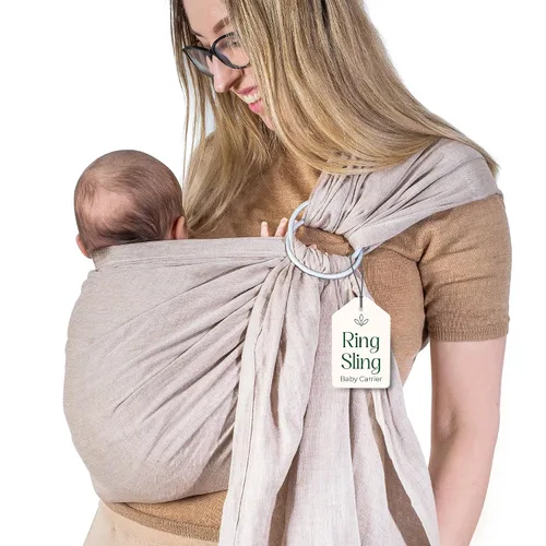 Miniatura 20 de Portabebés con Eslinga de Anillo - Probado en Laboratorio de EE. UU., 100% Algodón Muslin Natural, Eslinga de Anillo transpirable y ergonómica Beige