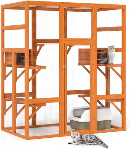 Miniatura 10 de Nyeekoy Refugio de gato al aire libre de madera grande de 71 pulgadas con perchas y condominios, casa para gatos con techo impermeable, refugio