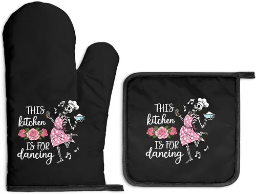 Miniatura 7 de Always Use Protection - Juego de guantes de horno y soportes para ollas, divertidos guantes de cocina retro para panaderos, regalos de inauguración