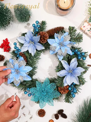 Miniatura 3 de Floweroyal 30 piezas Flores de Pascua Artificiales de Navidad Decoraciones con Clips y Tallos de Bayas Adornos con Purpurina para Árbol de Navidad