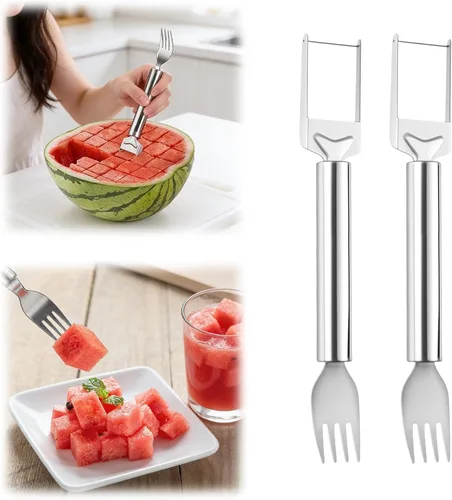 Miniatura 8 de Cortador de frutas de acero inoxidable 2 en 1, herramienta de corte de tenedor de sandía 2026, cuchillo cortador de sandía de doble cabezal