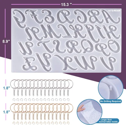 Miniatura 2 de LET'S RESIN Molde grande del alfabeto con agujero, moldes de resina de letras del alfabeto invertido de silicona con 30 anillos de salto, 30