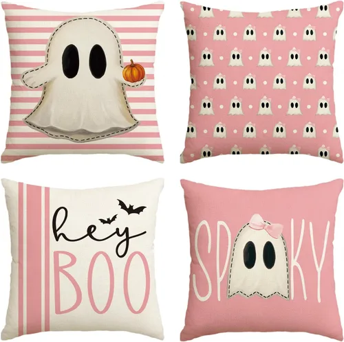 Miniatura 11 de AVOIN colorlife Juego de 4 fundas de almohada de Halloween Hey Boo con diseño de fantasma, 16 x 16 pulgadas, para sofá