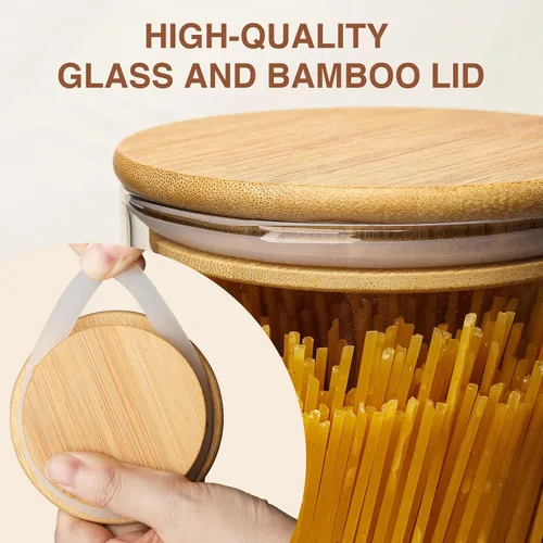 Miniatura 8 de SHOWIN Tarros de almacenamiento de pasta de vidrio de 73 onzas, tarros altos de vidrio con tapas de bambú, contenedor de espagueti, juego de 3