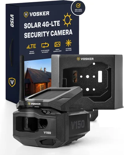 Cámara de seguridad Vosker V150 para el hogar con energía solar LTE celular para exteriores | Cámara inalámbrica con captura de fotos activada por