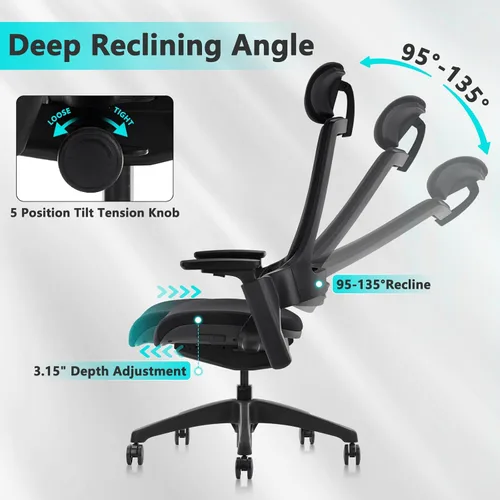Miniatura 8 de CLATINA Silla de oficina ergonómica de tela con profundidad ajustable, altura del asiento, cabeza 2D, reposabrazos 3D y soporte lumbar, silla