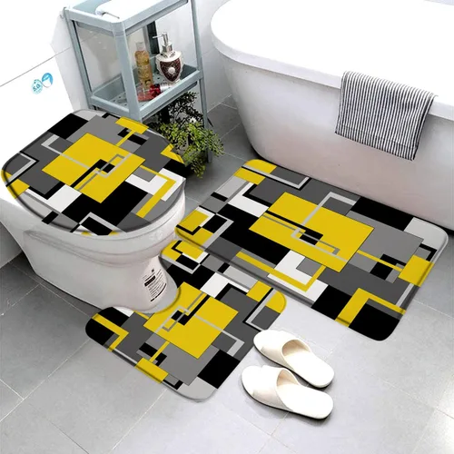 Miniatura 4 de Juego de 3 tapetes de baño geométricos rojos, negro, blanco y gris, líneas minimalistas abstractas geométricas de mediados de siglo, cubierta