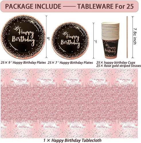 Miniatura 3 de UJoyant Decoraciones de cumpleaños para mujer, 229 piezas de suministros de feliz cumpleaños de oro rosa y negro, juego de vajilla desechable con 25