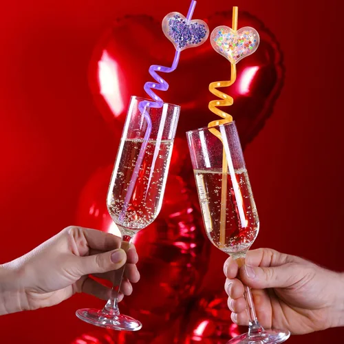Miniatura 4 de 24 popotes de plástico con purpurina de 8 colores para el día de San Valentín, con 2 cepillos de limpieza