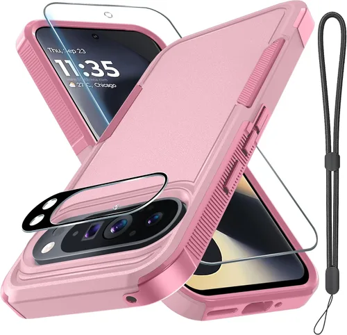 Miniatura 13 de Funda para Google Pixel 10 Pro XL con correa para la muñeca + protector de pantalla de vidrio templado + cubierta para lente de cámara, cuerpo Verde