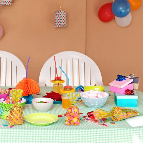 Miniatura 6 de Aodaer 100 bolsas de celofán dorado de 10.6 x 5.1 pulgadas, bolsas de plástico para dulces, bolsas de celofán, diseño de rayas de lunares, bolsa