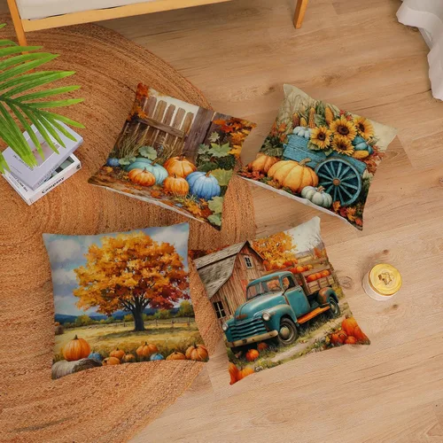Miniatura 5 de Juego de 4 fundas de almohada de otoño de 12 x 12 pulgadas, fundas de almohada de calabazas de Acción de Gracias, fundas de cojín decorativas