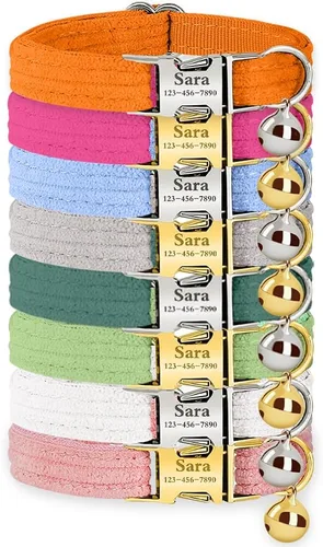 Miniatura 21 de Collar de gato personalizado con placa de nombre, collares ajustables de nailon resistente para identificación de gato con campana, personaliza