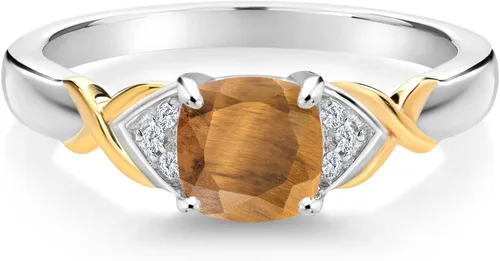 Miniatura 2 de Gem Stone King Anillo de plata 925 925 con diseño de ojo de tigre marrón G-H cultivado en laboratorio y oro amarillo de 10 quilates, Metal Gema, Ojo