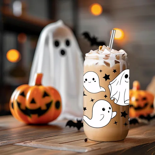 Miniatura 7 de Coolife Taza fantasma de Halloween, vaso de vidrio de 16 onzas con tapas y pajitas, taza de café helado espeluznante para batidos, bonitos regalos