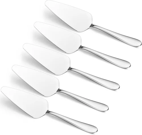 E-far Servidor de pastel de 5 piezas, cortador de espátula de acero inoxidable para pasteles y queso pizza, borde dentado con mango ovalado, pulido