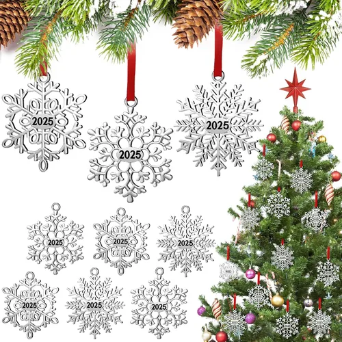 Miniatura 8 de Hotop 12 piezas Adorno de Navidad de copo de nieve de metal 2025 para árbol de Navidad, adornos colgantes de Navidad para árbol de Navidad, adornos