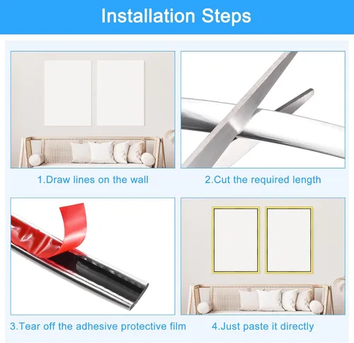 Miniatura 4 de uxcell Moldura flexible autoadhesiva, marco metálico de 8 pies x 0.31 pulgadas, para despegar y pegar, moldura de metal de PVC para pared