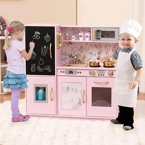 Miniatura 10 de MAT EXPERT Juego de Cocina para Niños, Cocina de Juguete de Chef de Madera con Pizarra, Máquina de Hielo, Accesorios de Utensilios de Cocina, Rosa