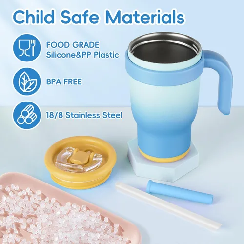 Miniatura 4 de Taza de 14 onzas para niños pequeños con aislamiento al vacío de acero inoxidable con asa, taza a prueba de derrames, pajita a prueba de fugas, taza