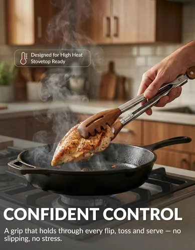Miniatura 5 de Pinzas de cocina y servidor de pasta 3 en 1 – Pinzas multifunción de nogal de 12 pulgadas con puntas ranuradas tipo tenedor y planas para pasta