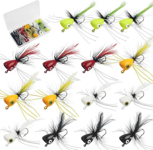 Poppers de pesca con mosca, 12 unidades para pesca con mosca, pesca con mosca, lubina, moscas, trucha, salmón, moscas, insectos, señuelos coloridos