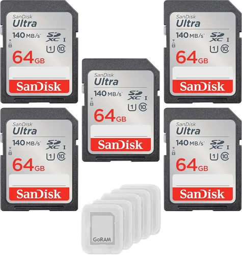SanDisk Tarjeta de memoria Ultra SDXC UHS-I de 64 GB Clase 10 140MB/s U1, Full HD, tarjeta de cámara SD SDSDUNB-064G (paquete de 5) Paquete con (5)