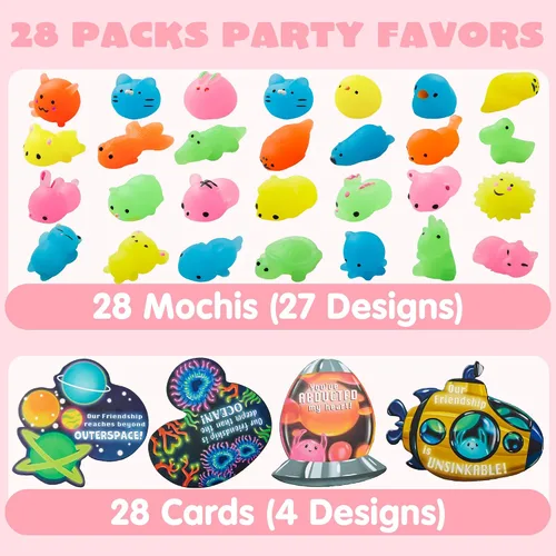 Miniatura 2 de JOYIN Paquete de 28 tarjetas de regalo para el día de San Valentín con mochis, juguetes esponjosos Mochi que brillan en la oscuridad, juguetes