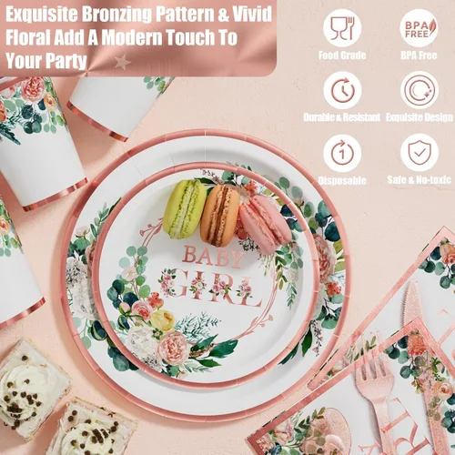Miniatura 5 de Decoraciones de baby shower para niña, 249 piezas de suministros para fiesta de revelación de género y vajilla desechable (25 invitados) con platos