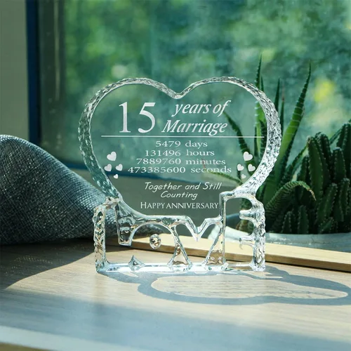 Miniatura 5 de KWOOD Cristal grabado personalizado en forma de corazón, regalo de boda de 15 aniversario para parejas, esposa, novia, marido, novio (15 aniversario)
